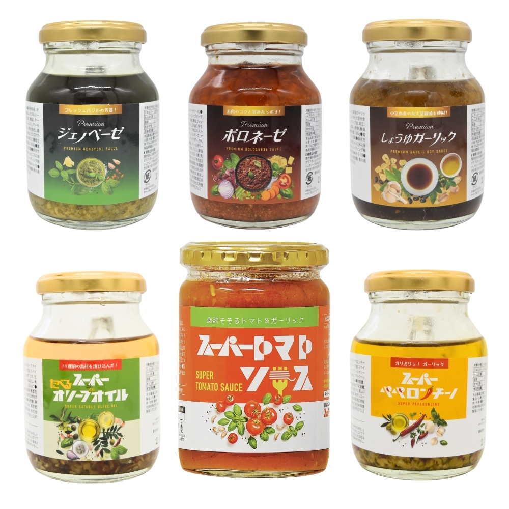 スーパー＆PremiumソースMIX6本セット(トマトソース、ペペロンチーノ、たべるオリーブオイル、ジェノベーゼ、ボロネーゼ、しょうゆガーリック）